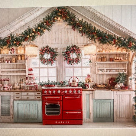 Decorative kitchen with red stove, wreaths, and Christmas decorations.